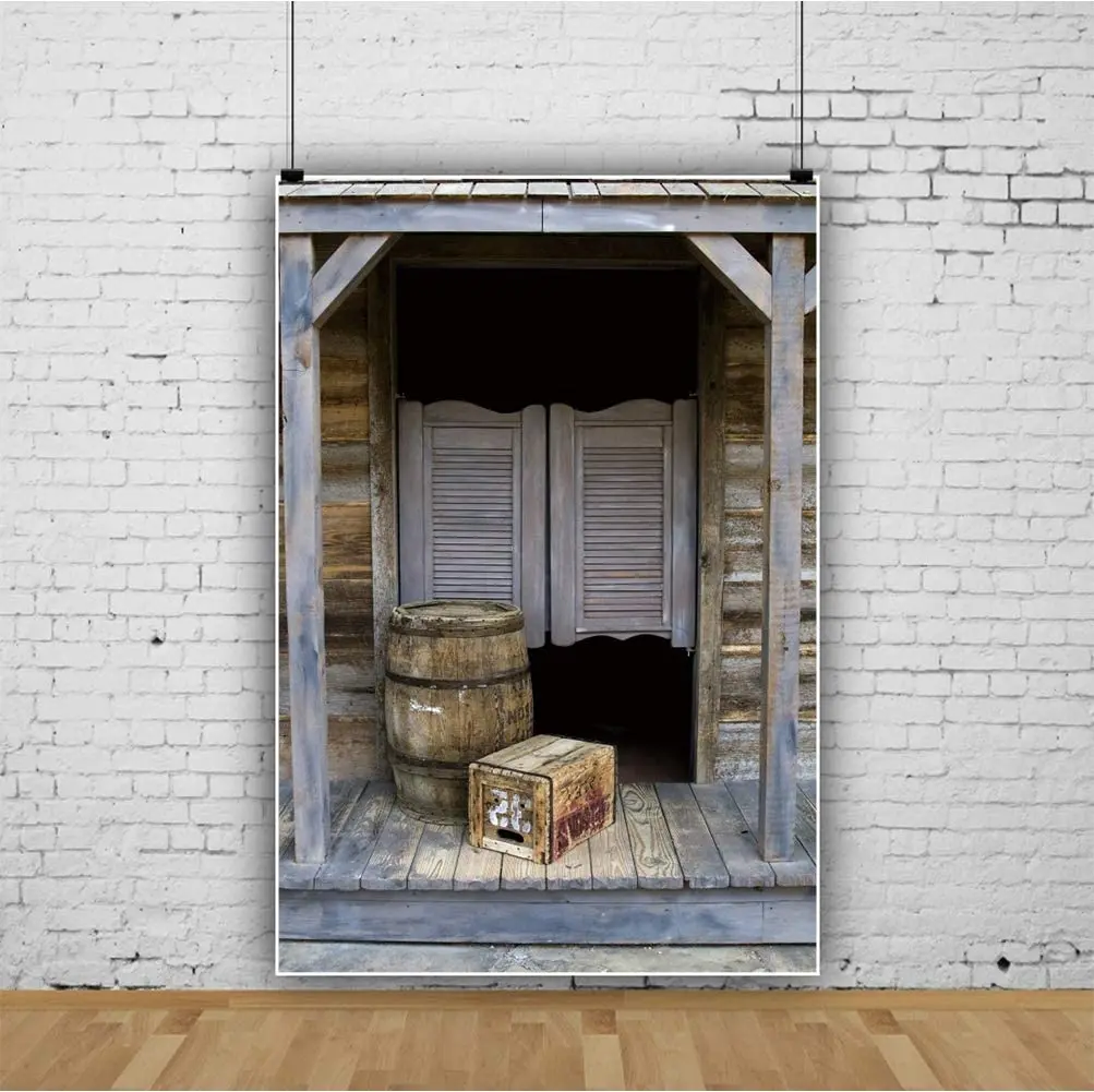 

Western Style Old Bar Photography Backdrop Western Saloon Wood Door Barrel Cowboy Countryside Rural Farm House Photo Background