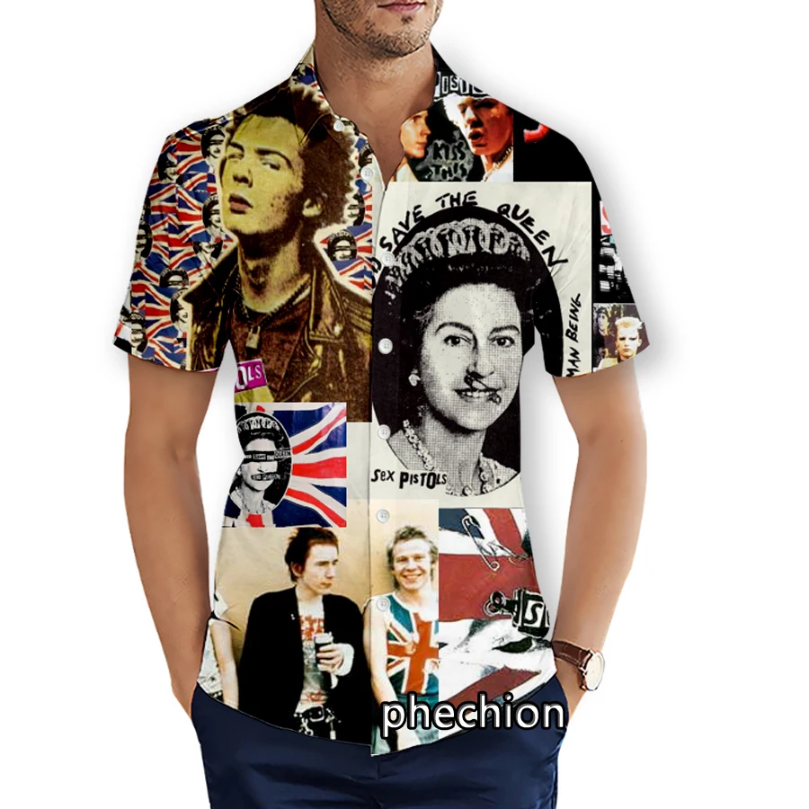 phechion Mens Short Sleeve Beach Shirts Rock band Sex Pistols 3D Print Casual Shirts Fashion Streetwear Men Tops X187