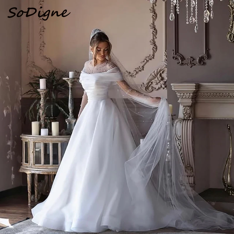 

SoDigne A-line Organza Wedding Dresses Full Sleeves O-neck Beading Bridal Dress Boho Bridal Gown vestidos de novia Customized