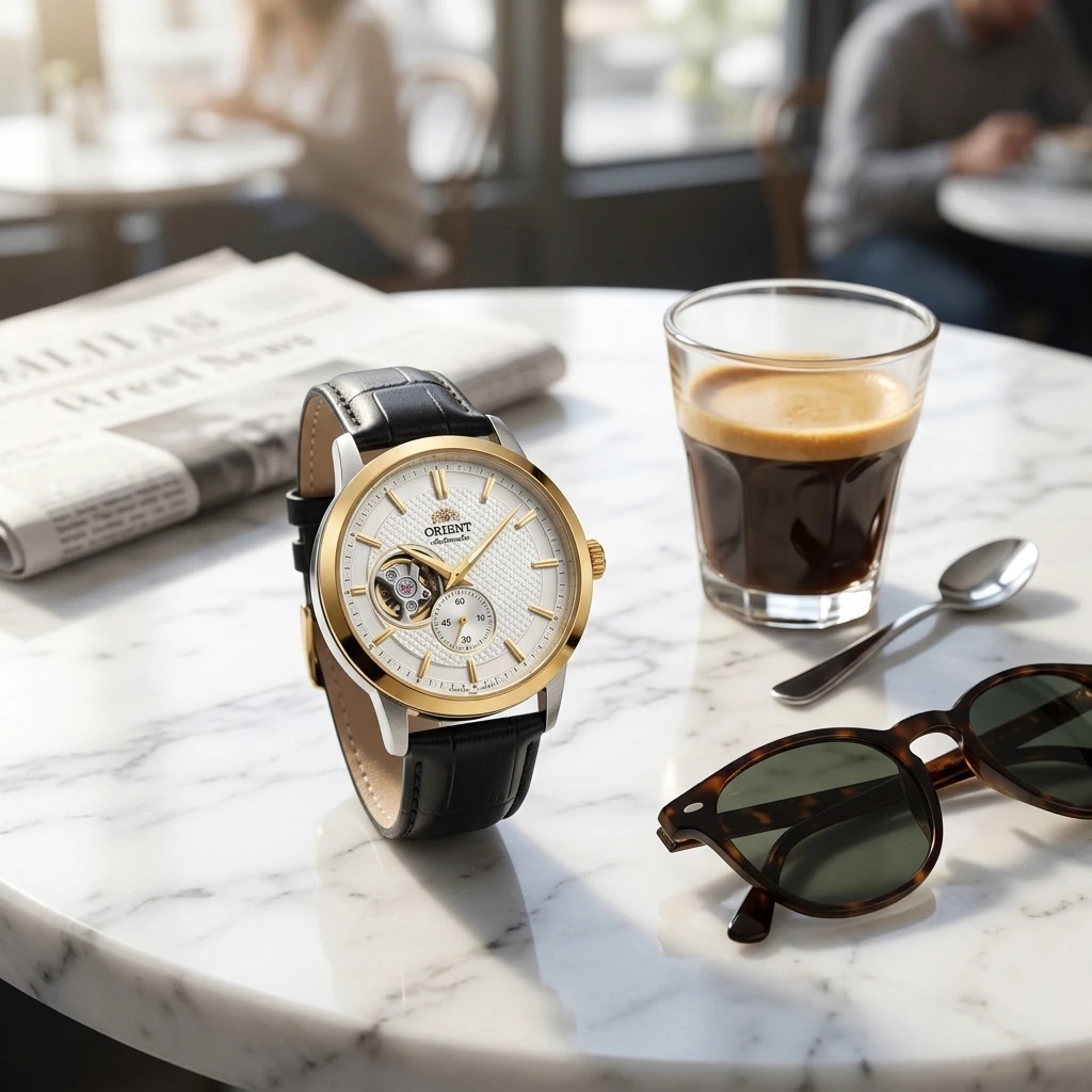 Orient Japan Men Business Self-Winding Mechanical Watch, Skeleton Dial 24 Hour Small Second Waterproof Leather Strap Wristwatch view 5
