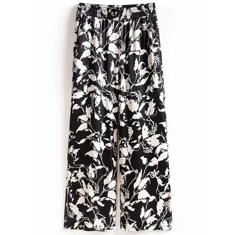 Pantalones informales finos de pierna ancha para mamá, pantalones de mujer con estampado Floral de ocio de verano de mediana edad, corte recto de cintura alta, nueve puntos