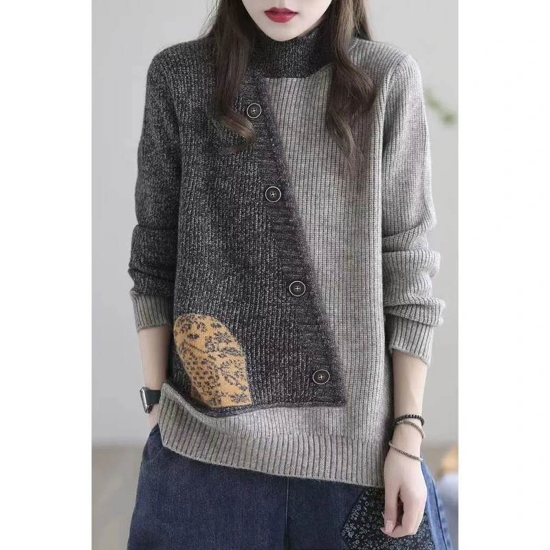 Vintage Autumn Winter New Sweaters Pullovers Women\'sMock Neck Contrast Color Patchwork Button Fashion Long Sleeve Knitted Tops