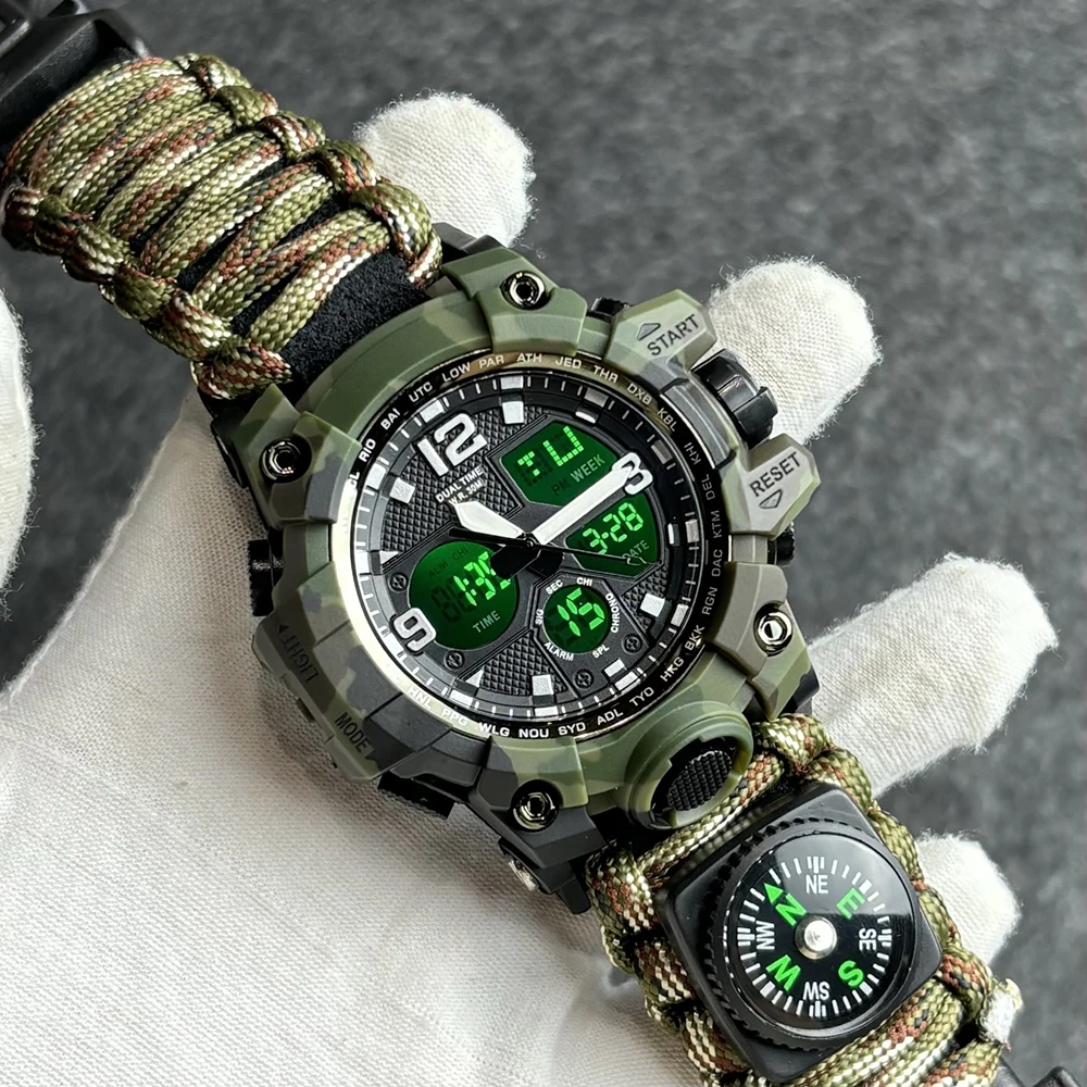 Men's Outdoor Sports Watch LED Multifunctional Digital Watch Dual Display Electronic Quartz Watch Waterproof Military