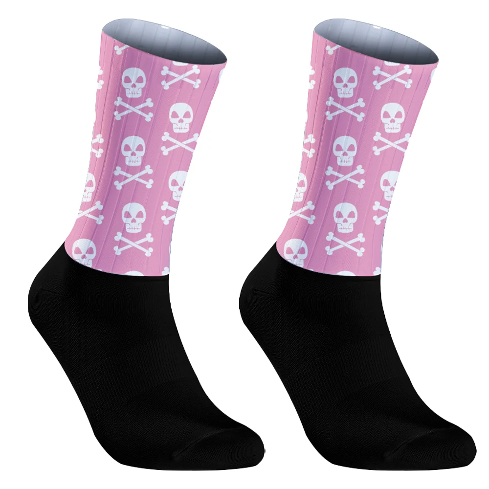 Skull Pattern Fiets Compressie Sport Sok Anti Slip Professionele Wielersokken Heren En Vrouwen Straatsportsokken