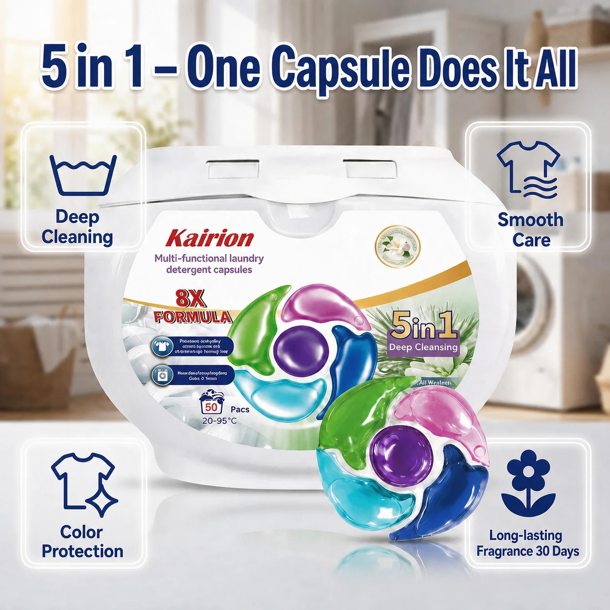 50 Laundry Detergent Pods with 5-in-1 Functions for Cleaning and Softening