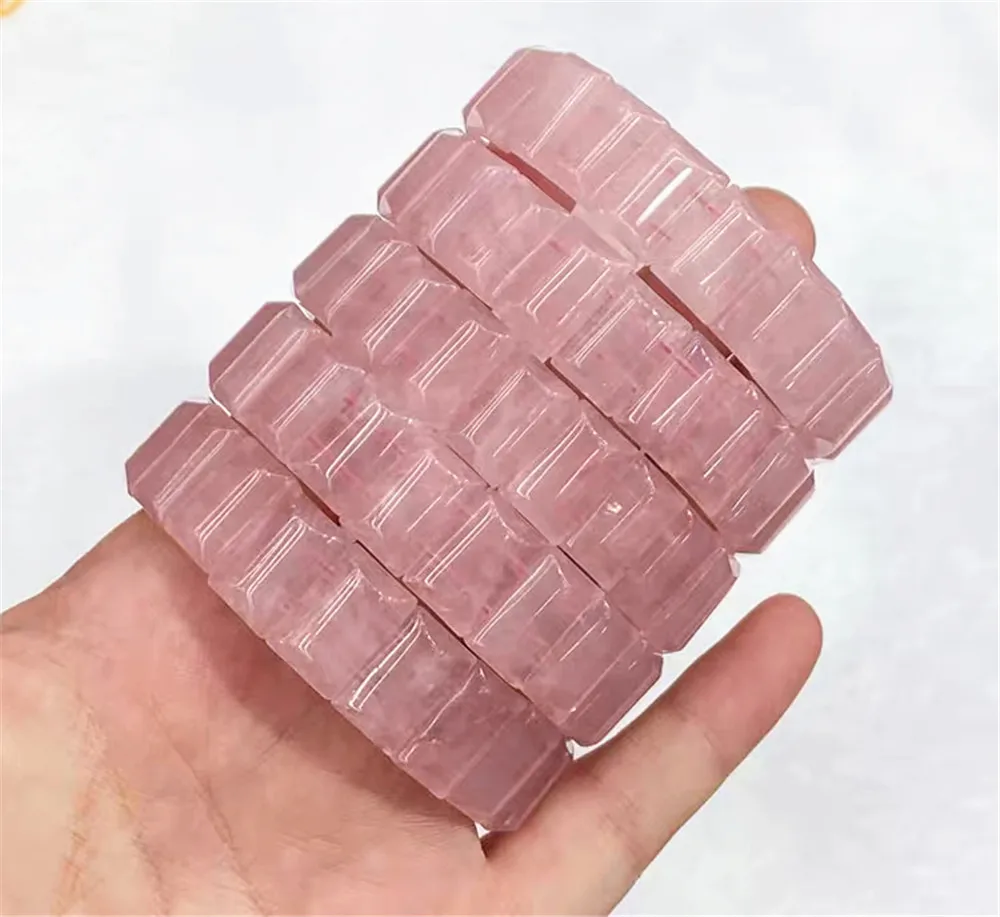 Natural Rose Quartz Pink Rectangle Beads Bracelet Jewelry Women Men Stretch 14x10mm Rose Quartz Crystal AAAAA