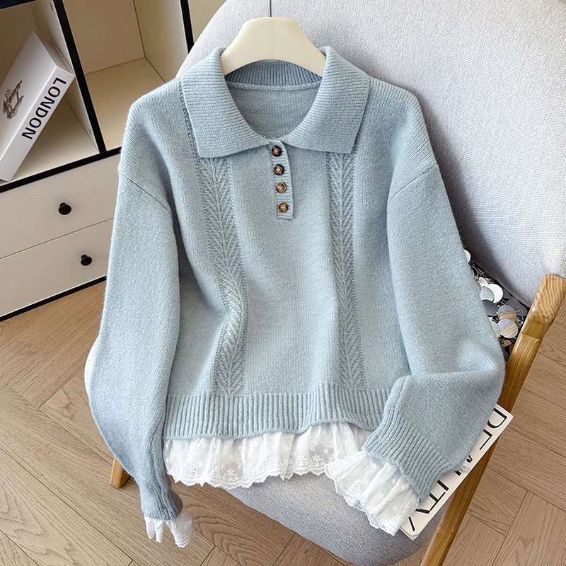 REALEFT Autunno Inverno Lavorato A Maglia Polo Collare Maglioni da Donna 2025 Nuova Manica Lunga Elegante Patchwork di Pizzo Coreano Allentato Pullover Top