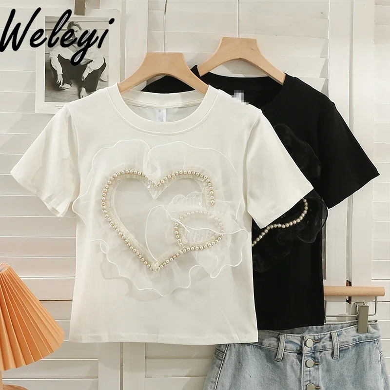 

French Sweet Mesh Stitching Pearls Ruffled Short T-shirt 2024 New Women's Summer Heart-Shaped Beaded O Neck Short Sleeve Tee Top