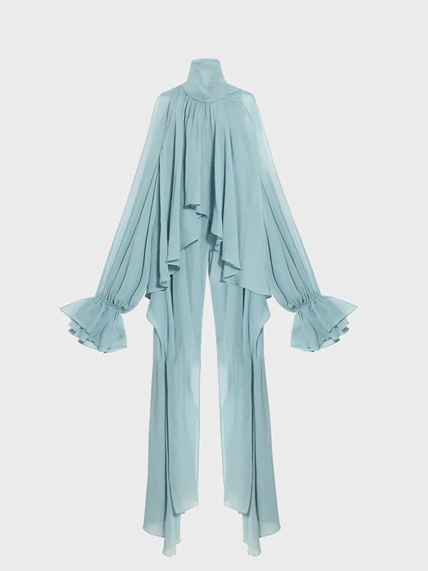 Sweet Fre asymmetrische opstaande kraag A-lijn losse oulder blote chiffon lantaarn Sve hangend Ne irt vest tee kleuren