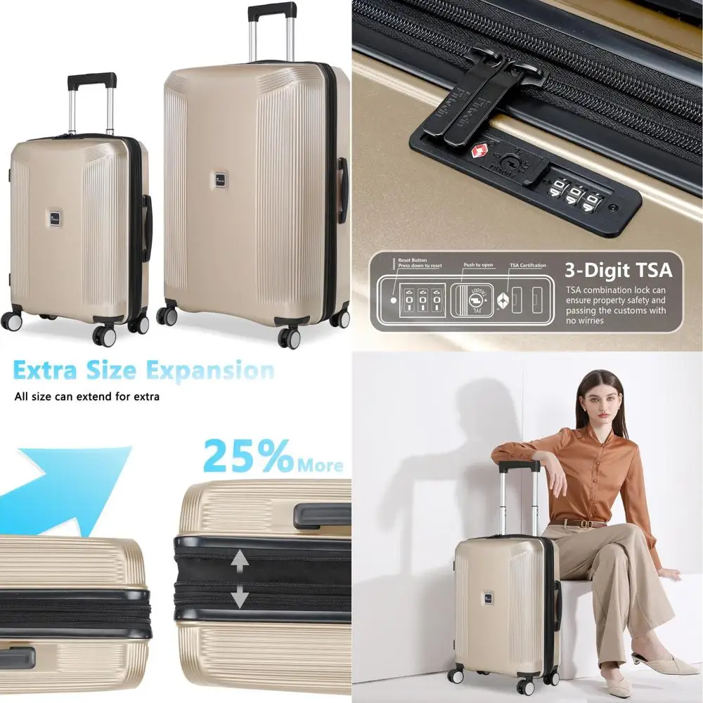 

two-piece luggage set: 20/28 inch lightweight expandable hardside suitcases with spinner wheels and tsa lock in champagne color