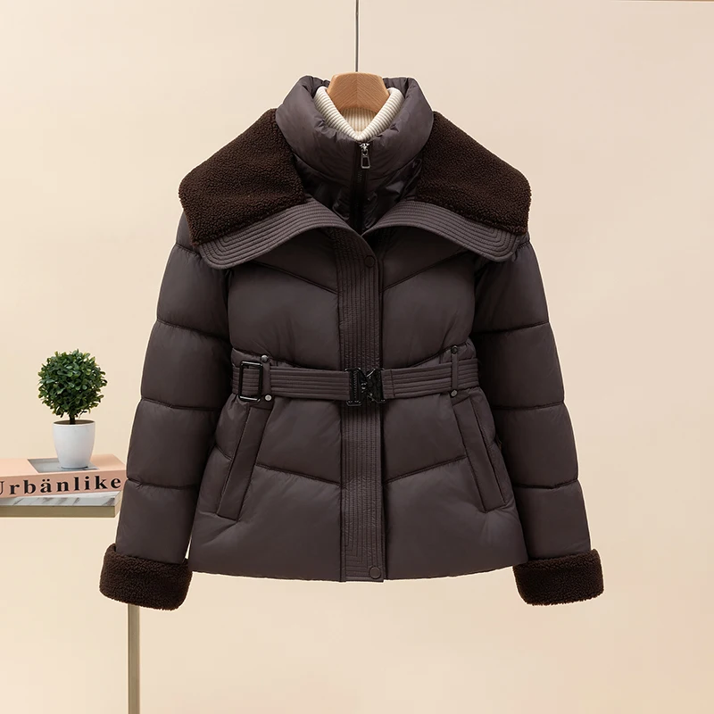 Black Cotton Jacket With Belt Women's Single Breasted Suede Collar Quilted Coat Winter Waist Cinching Thickened Cotton Clothes