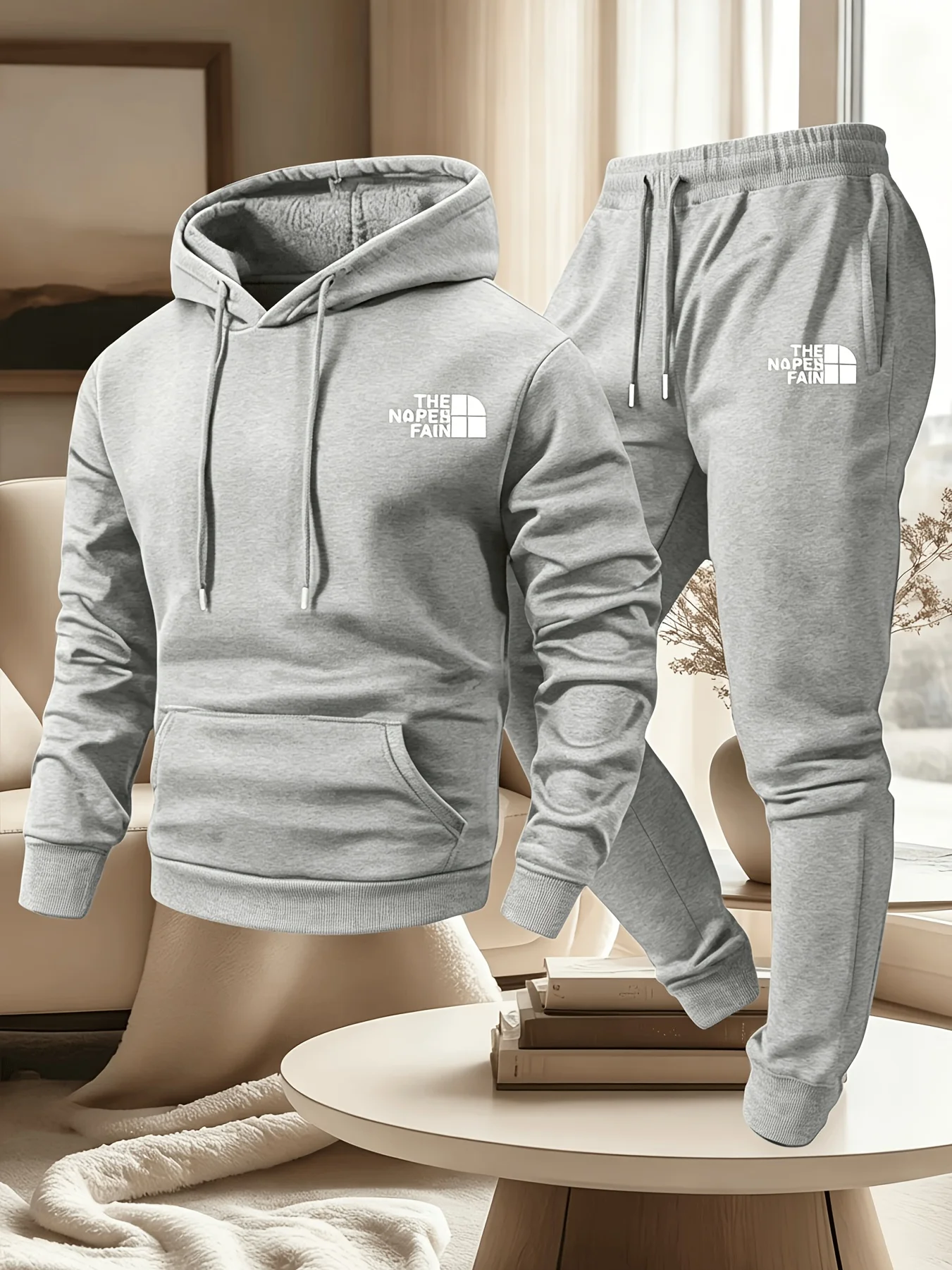 2026 Men's Autumn/Winter Printed Casual Two-Piece Set . Hooded Sweatshirt and Pocketed Trousers, Regular Fit Outdoor Sportswear