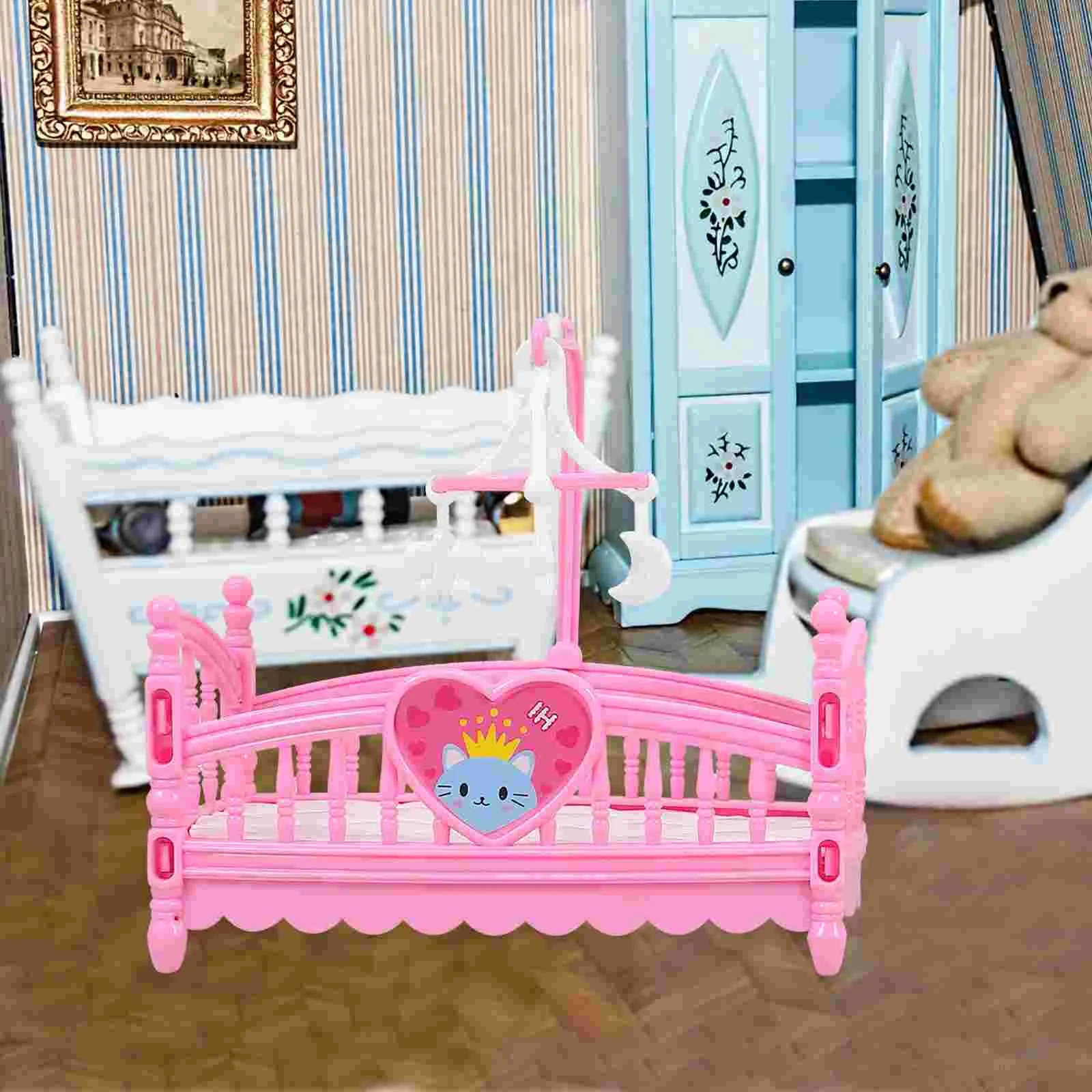 2 pçs casa móveis berço do bebê mini modelo prop brinquedo cama ornamento em miniatura