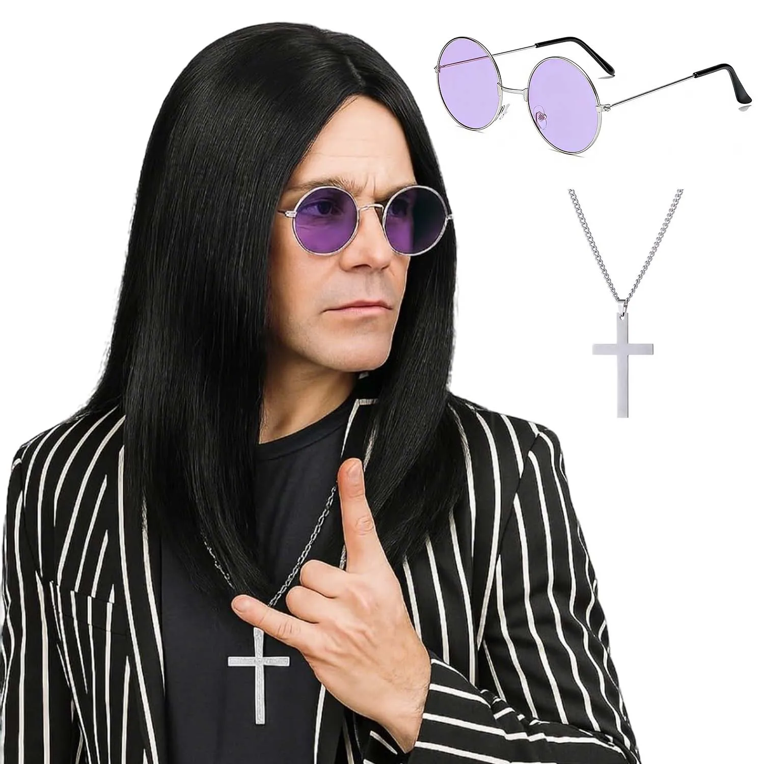 Synthetic Long Black Straight 80s Heavy Metal Rocker Wig+Cross Necklace and Purple Glasses for Men Middle Part Wig for Halloween