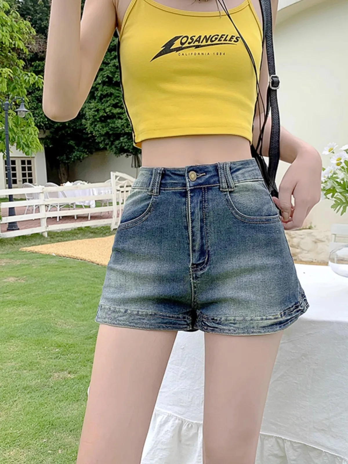 

Retro Faded Denim Shorts Women's Sexy High Waist Straight Leg A-Line Pants Summer Cool Feeling Cotton Blend Polyester Elastic...