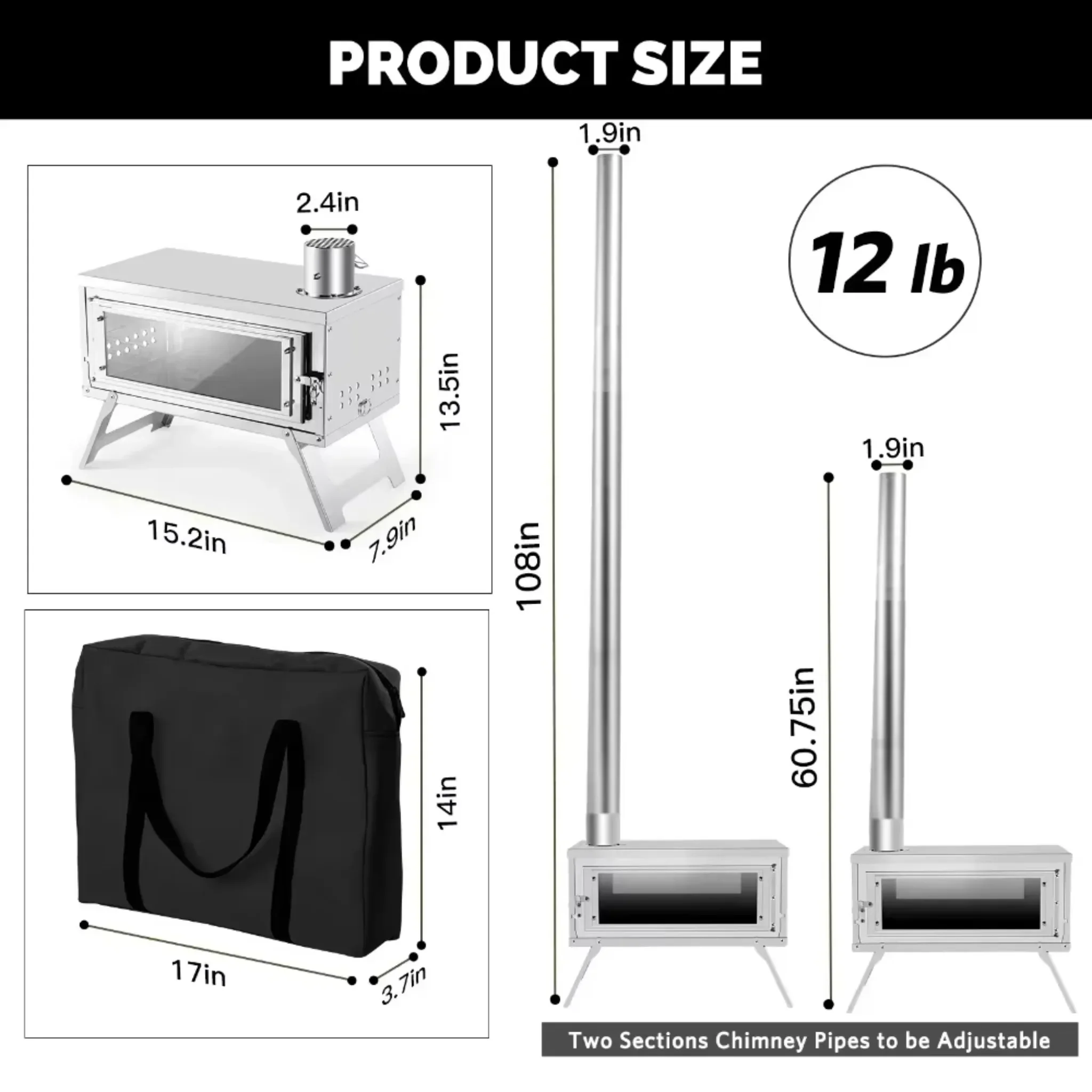 Estufa de leña para tienda de campaña, fabricada en acero inoxidable, plegable y portátil, con chimenea ajustable para cocinar al aire libre en tiendas de campaña.