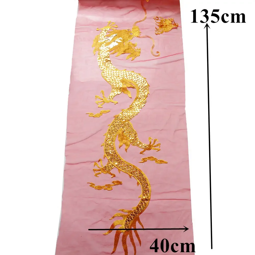 Gold Sequins Chinese Dragon Red Mesh Embroidered Wedding Gown Appliques Lace Trims Sew On Patch For Dress DIY Decoration