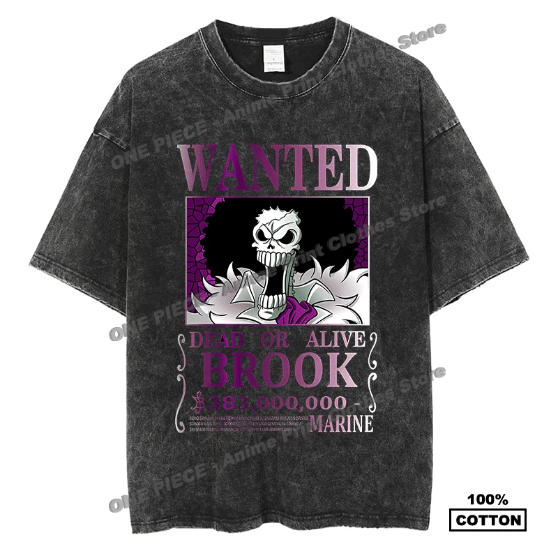 Camiseta con estampado de Anime japonés One Piece-BROOK Wanted, camiseta con estampado gótico Rock, camisetas negras de gran tamaño Vintage de algodón para hombres y mujeres
