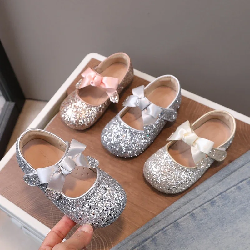 

Spring Autumn Baby Girls Casual Shoes Shining Sequin Mary Jane Children's Crystal Shoes Cute Bow Little Kids Dance Shoes