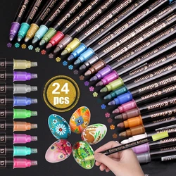 GN 12/24 Colors Metallic Paint Markers Pens Round/Chisel Dual Tip Glitter Doodle Dazzle Drawing Pens for Easter Stone Art Pen
