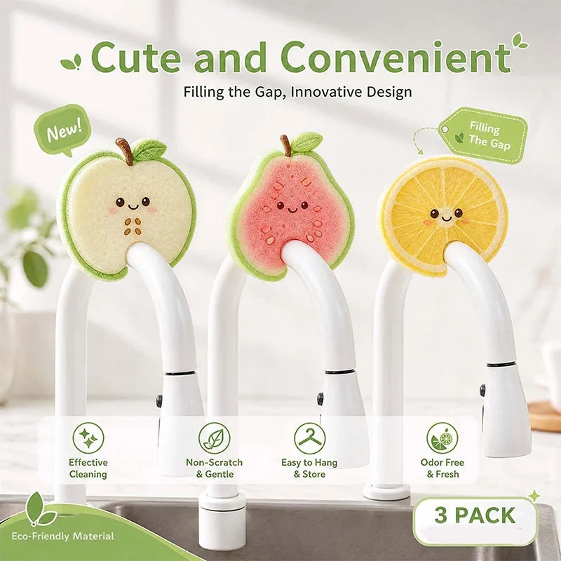Cute Fruit‑shaped Dishwashing Sponge Reusable Cute Dishwashing Sponge Scrubber Compressed Wood Pulp Sponge For Kitchen Dish Pots