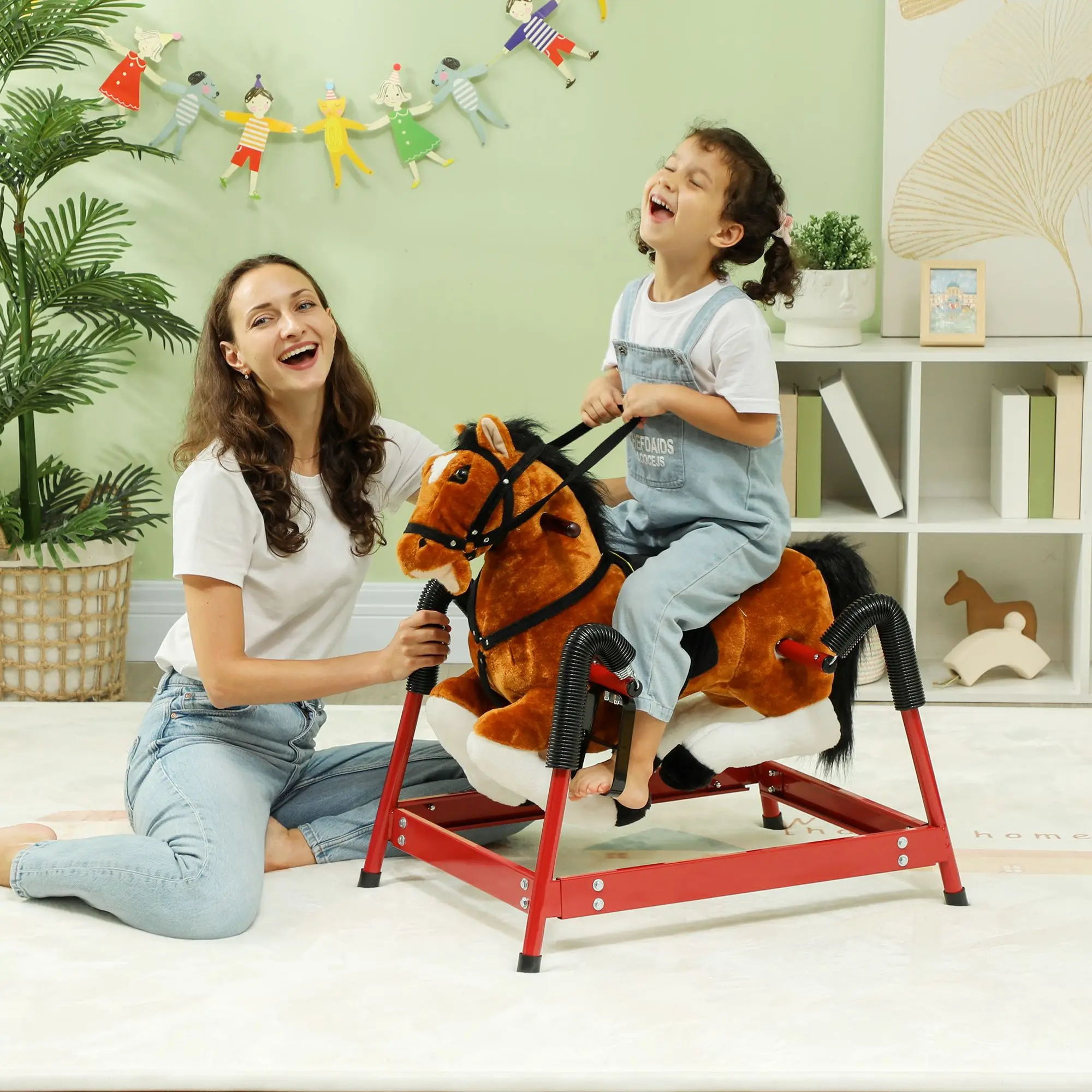 Spring-schommelpaard, kinderrit op paard, pluche paardrit-on met geluiden en voetstegbeugels, zadel voor kinderen van 3-8 jaar, bruin