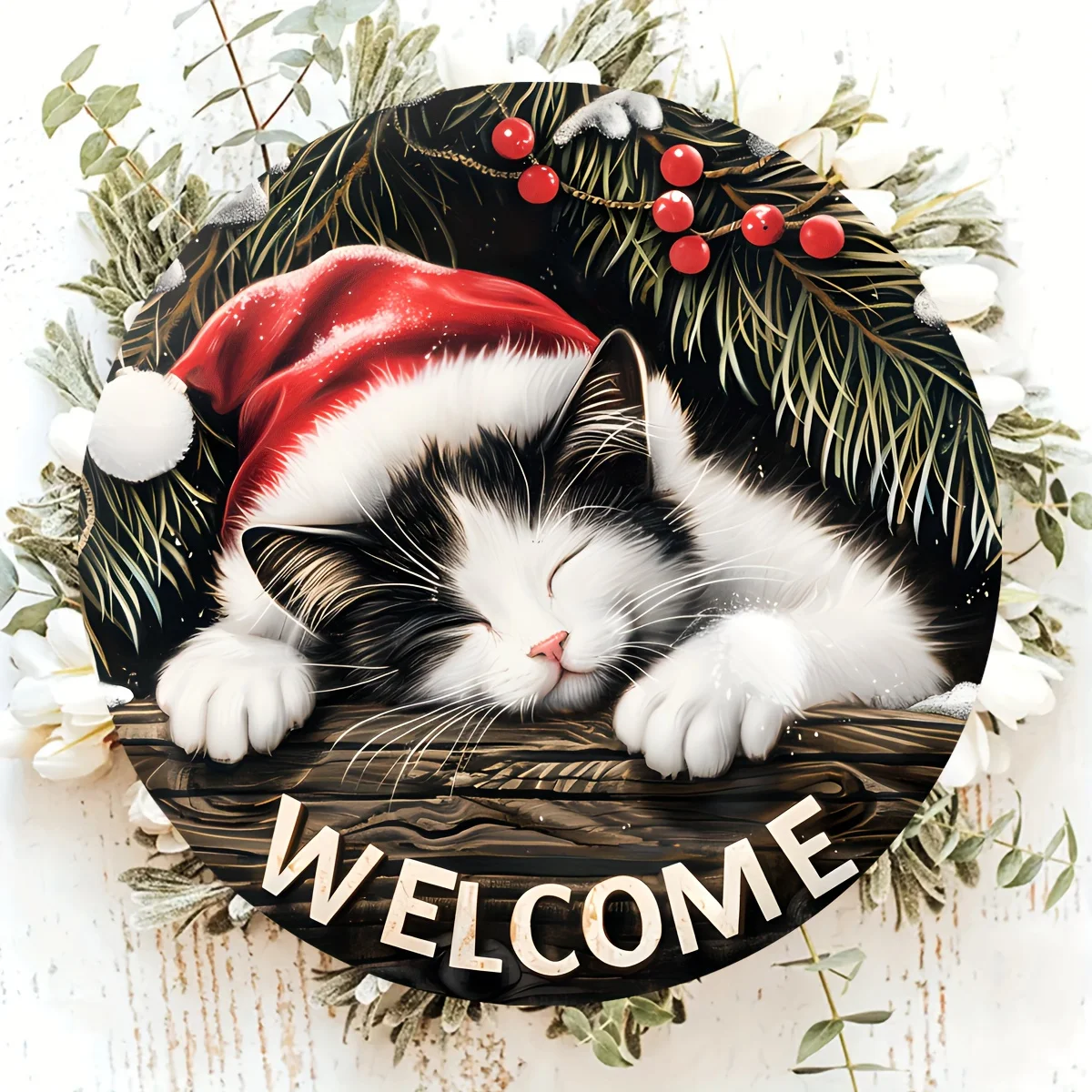 Christmas Welcome Sign - 20x20 cm, Wooden Round Hanging Decoration with Sleeping Cat Design, Perfect for Wreath Accents, New Ye