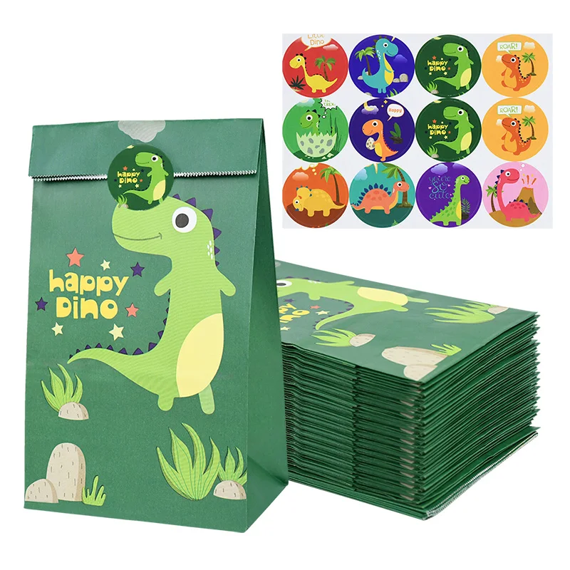 12Pcs Cartoon Dinosaur Favor Gift Paper Bags With Stickers Dino Roar Birthday Candy Packing Bags For Kids Jungle Party Supplies