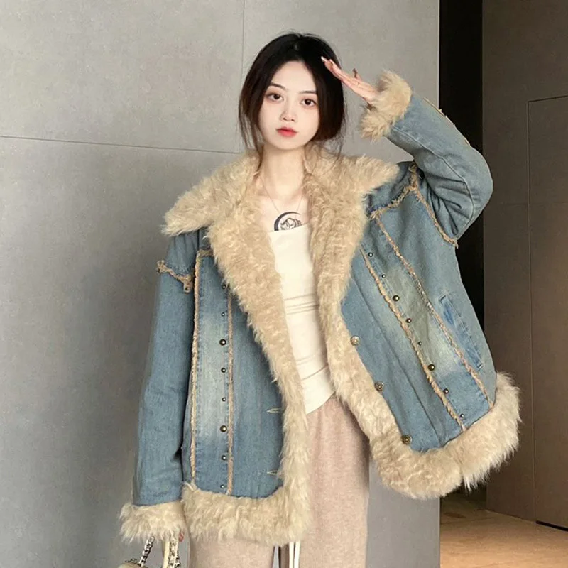 Winter New American Women'sDenim Wool Collar Jacket Top Lamb Fleece Coat Fashion Thickened Wool Inner Warm Denim Jacket Exterior