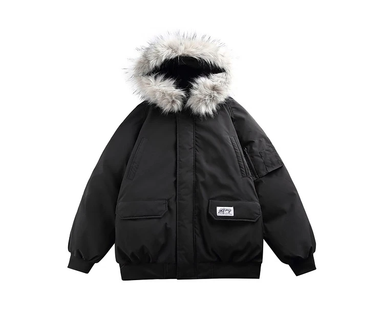 Winter Men's Multi-Pocket Patchwork Black Hooded Cotton Jacket American Style Thickened Gray Apricot Casual Parka Cotton Coat