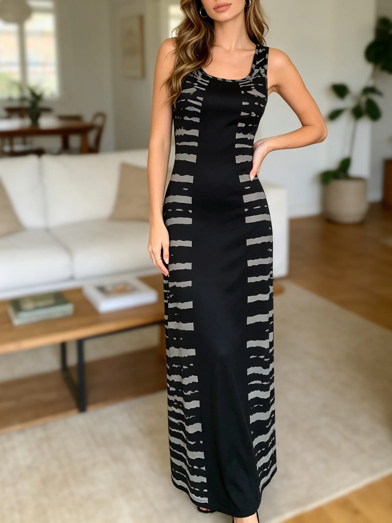 Women's Black & White Abstract Striped Sleeveless Maxi Dress - Slim Fit Bodycon Tank Dress for Casual, Office, & Date Night view 4
