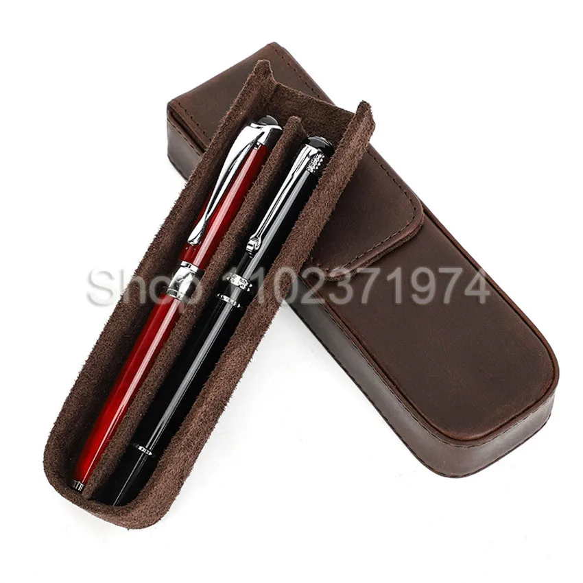

Handmade Leather 2 Slots Pen Case For Pens Pouch Bag Retro Cowhide Office School Pencil Organizer For Office Supplies