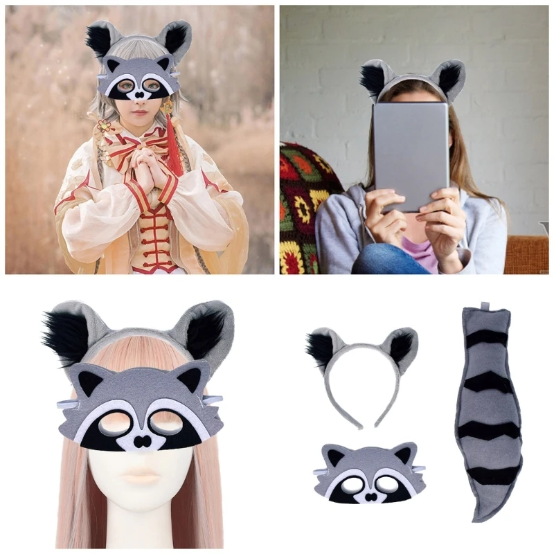 

3Pcs Raccoon Costumes for Boys Girls Cosplay Raccoon Ears Headband Tail Eyemask Animal Fancy Costume Accessories