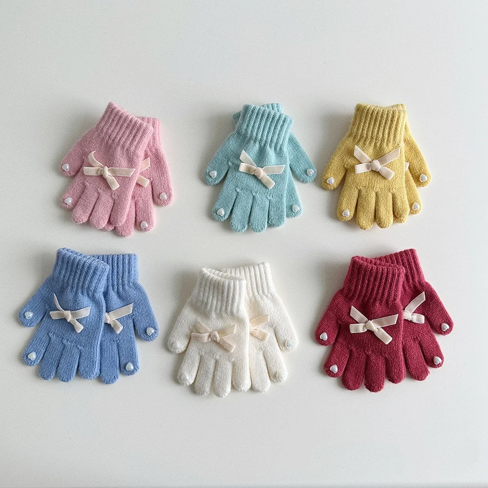 

Children's Warm Gloves Winter Stylish Knitting Princess Baby Gloves For Girls Autumn Sweet Separate Finger Kids Gloves With Bow