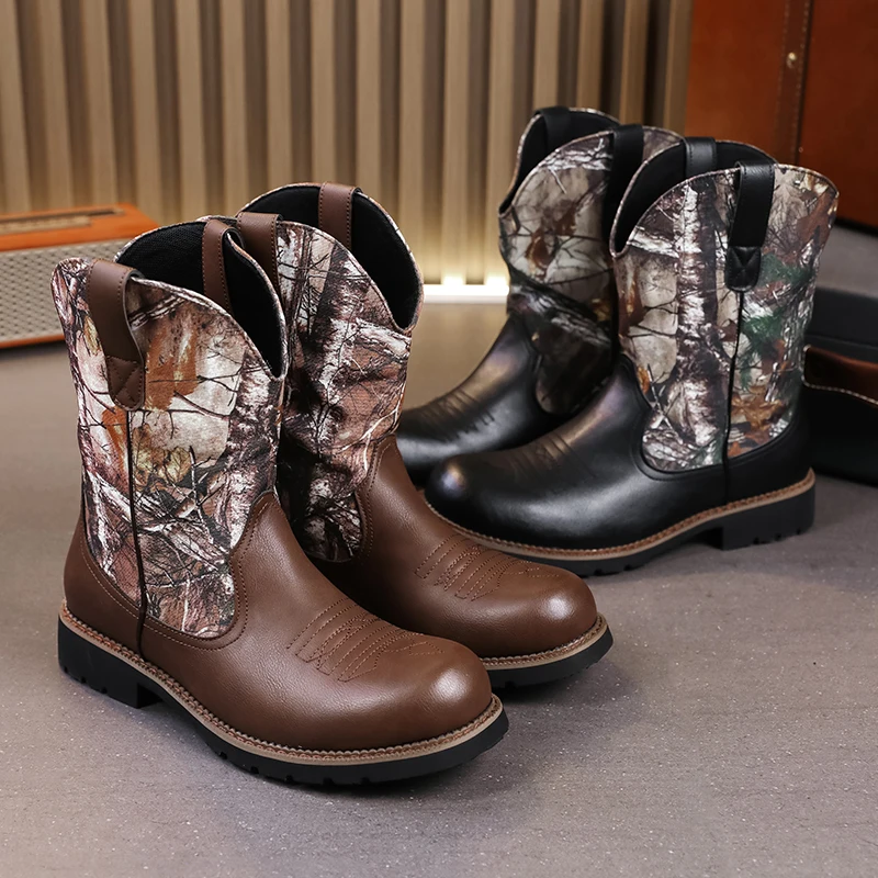 

YUYIN Men's Fashion Motorcycle Boots Denim Boots Over-Ankle Slip-On Embroidered Vintage Style Rider Boots Best-Selling Model