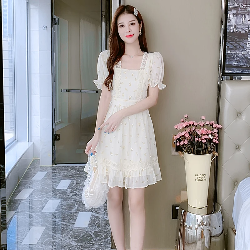 Süßer, sanfter, floraler Chiffon-Rock von Dr. Princ mit Initialen-Datum, hohe Taille, Bubble Sve ort Summer Commute Sle A-Line Dr