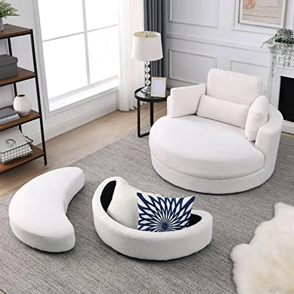 Swivel Accent Barrel Chair Linen Fabric with Storage Ottoman and Pillows Modern Sofa Lounge Club Living Room Decor Oval Shape