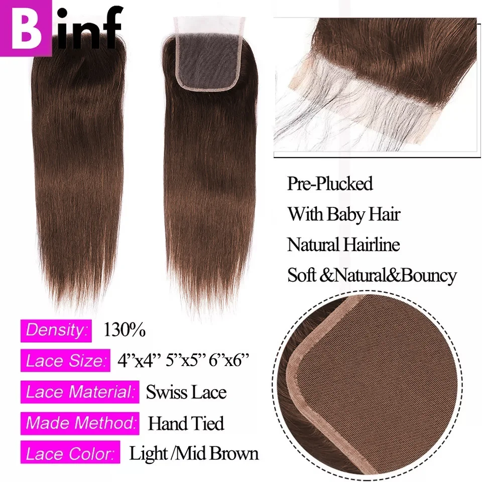 BINF 28 30 32 #4 Colored Brown Straight Bundles With Closure &Frontal 100% Virgin Human Hair Bundles With 4x4 Closure Preplucked