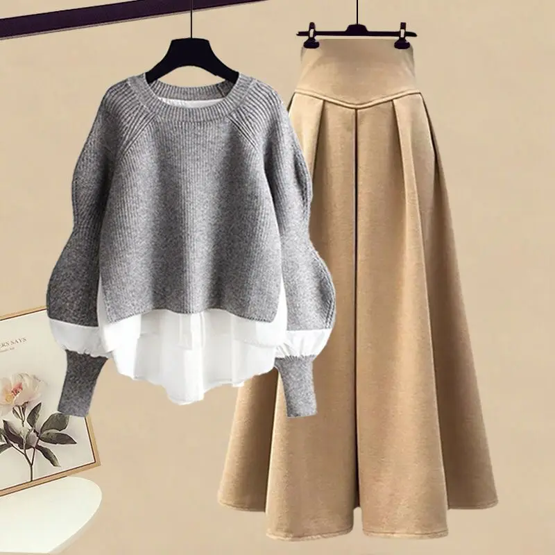 Women Spring Autumn Two Pieces Sets Korean Long Sleeve Pullover Knitted Sweater And Pleated skirt Long Suit