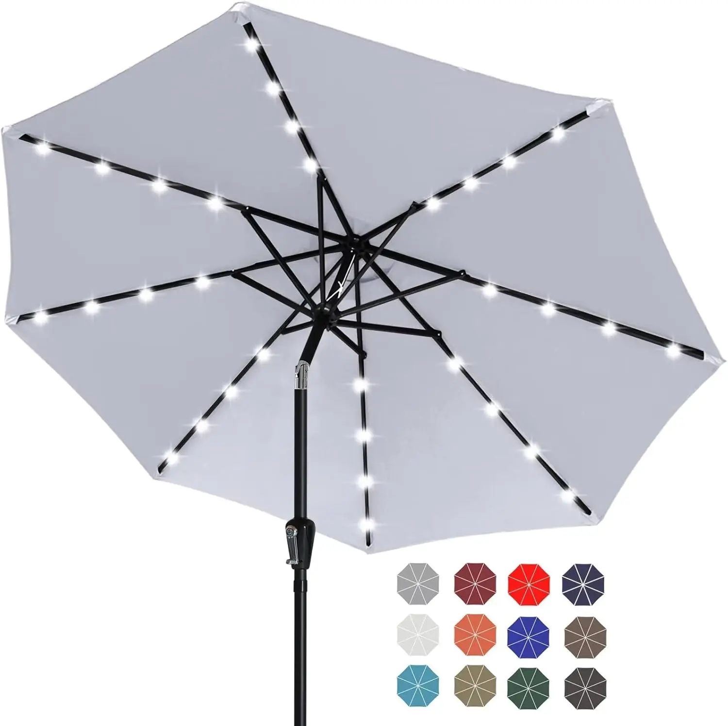 

Прочный солнечный светодиодный зонт для патио с 32 лампами, 9 футов, светло-серый, для улицы