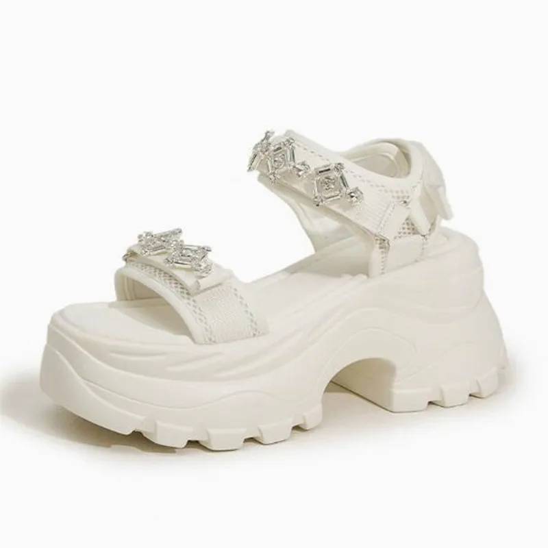 

8.5CM Air Mesh Microfiber Leather Chunky Sandals High Platform Comfy Sneakers 2026 New Summer Crystal Beach Slippers Shoes Woman