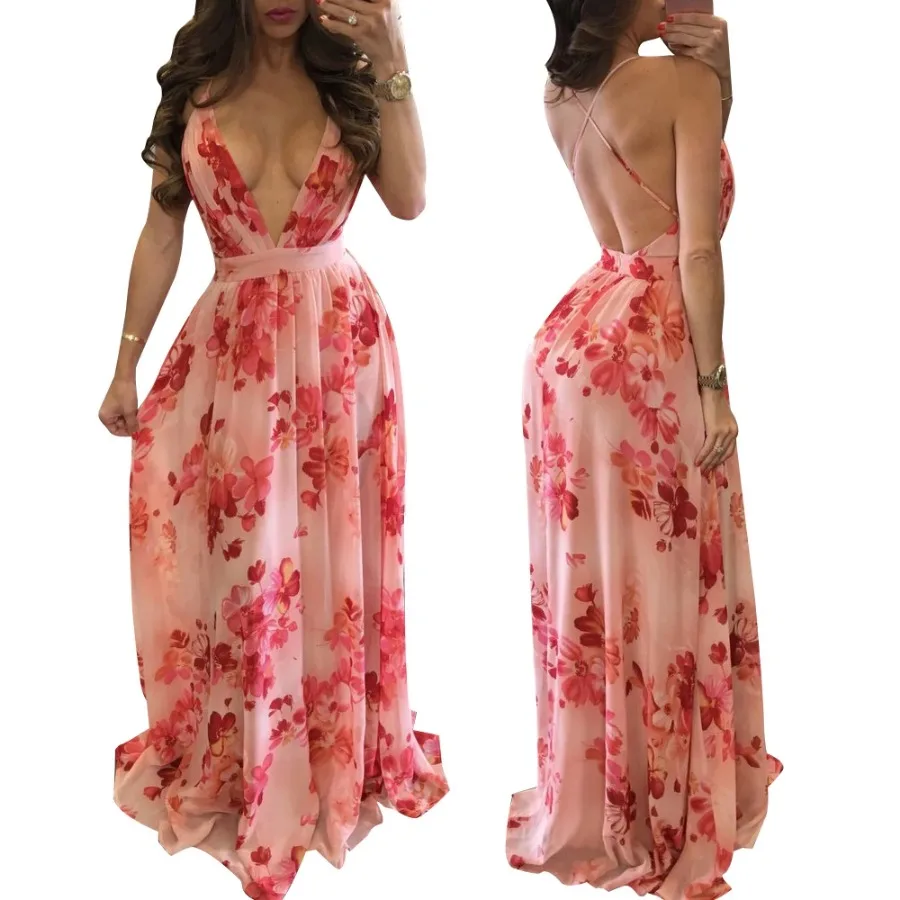 

Women's Sling Floral Long Dresses arrival Summer Boho V-Neck Sleeveless Party Beach Floarl Print Maxi Dress Casual Sundress