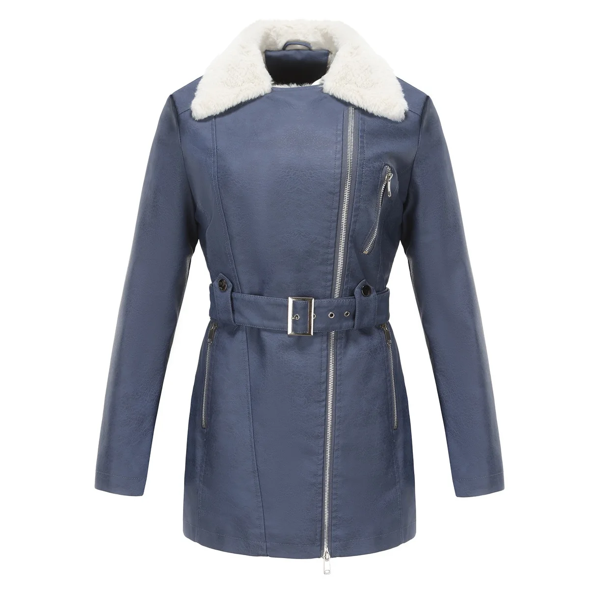 23. Herbst und Winter neue langärmelige Samt-Lederjacke für Damen, Revers, doppelseitiger Reißverschluss, Gürtel, warme Jacke