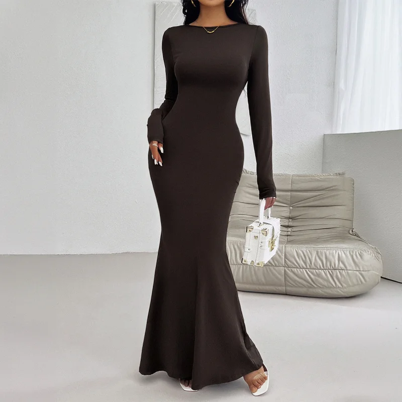 DY-2024Autumn and Winter Women's Sexy Slim round Neck Solid Color Long Sleeve Dress