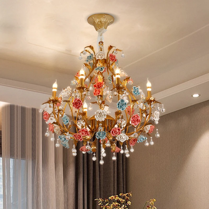 Multicolor Floral Restaurant LED Chandelier Crystal Light for Living Room Bedroom Ceramic Flower Chandelier Kitchen Bar Lighting