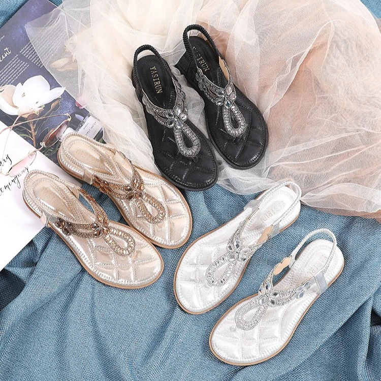 

Fashionable and versatile rhinestone sandals for women, new summer style, Bohemian flower-patterned toe-clamping women's shoes