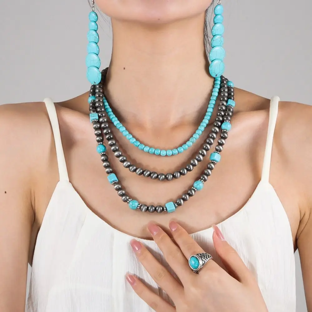 Bead Multilayer Turquoise Necklace Ethnic Style Cactus Western Country Necklace Retro Pendant Bohemian Style Clavicle Chain Gift