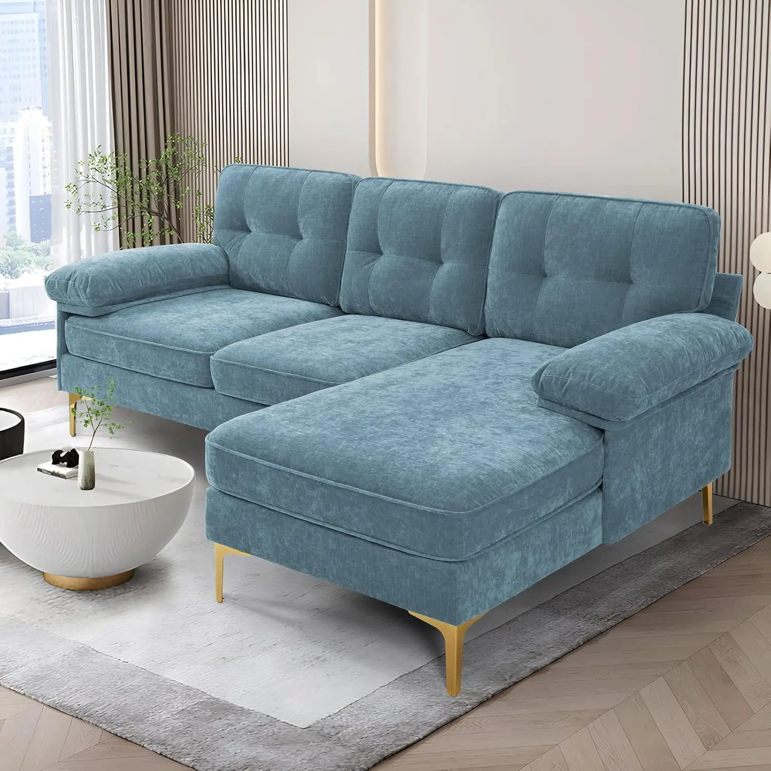 Blue Convertible Sectional Sofa Chenille Fabric L shaped Couch Small 3 seats Reversible Sleeper Sofa Machine Washable Covers