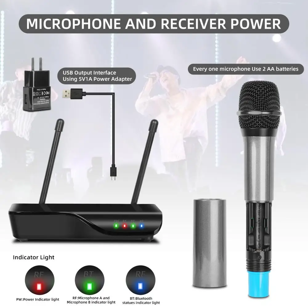 Portable Professional Dual Channel Wireless Microphone System Stage Performance Dynamic For Home Singing Karaoke Ktv