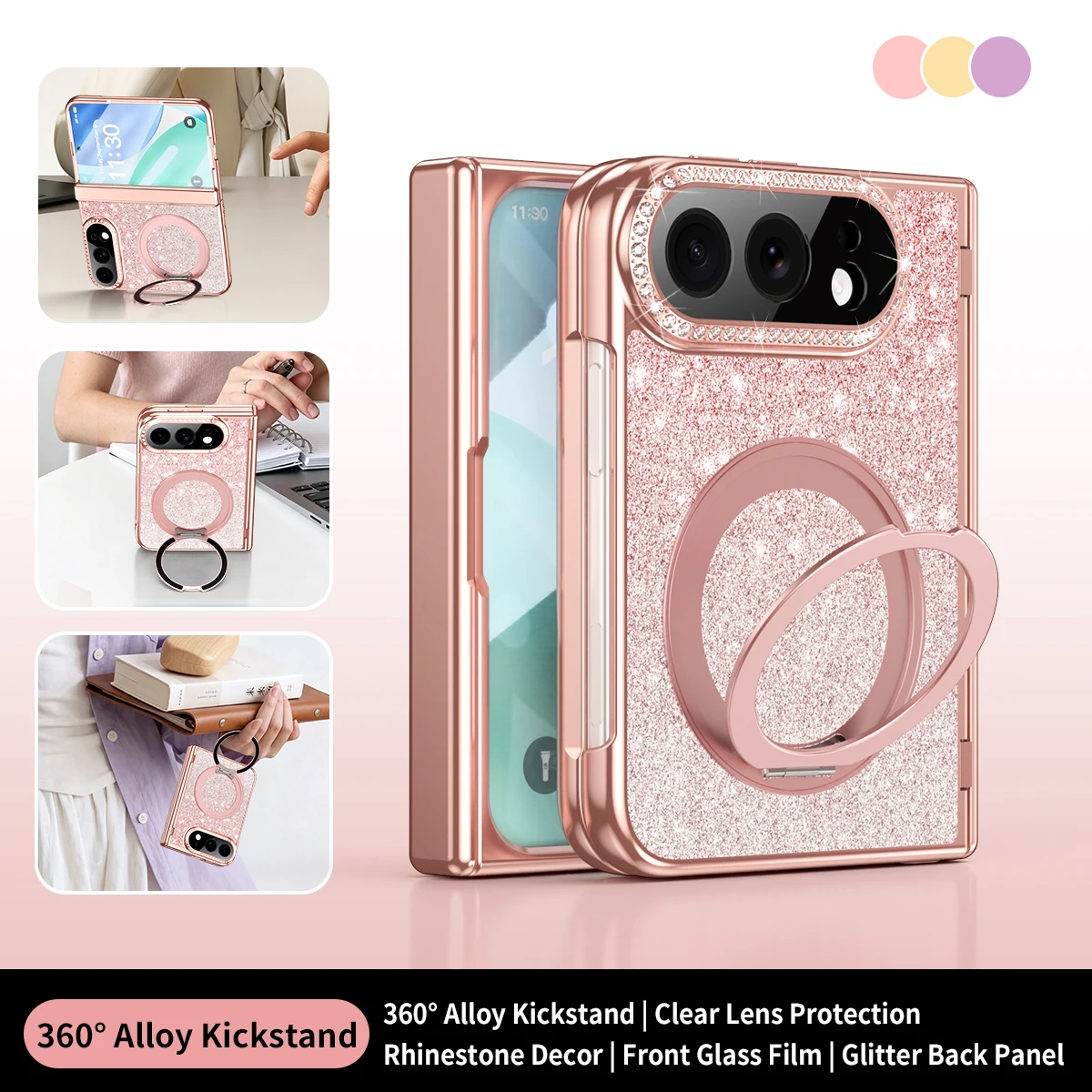 For Iphone Duo Glitter Phone Case Plating Frame Front Protection Film Protective Hinge Shockproof With Holder Back Cover